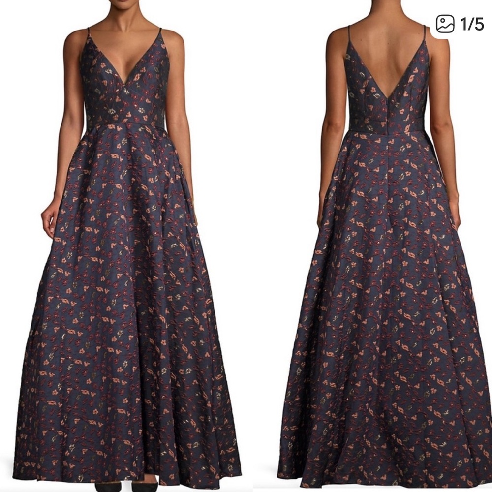 Monique Lhuillier Sz 8 Navy Jacquard Floral Metal Embossed Ball Gown Dress.
